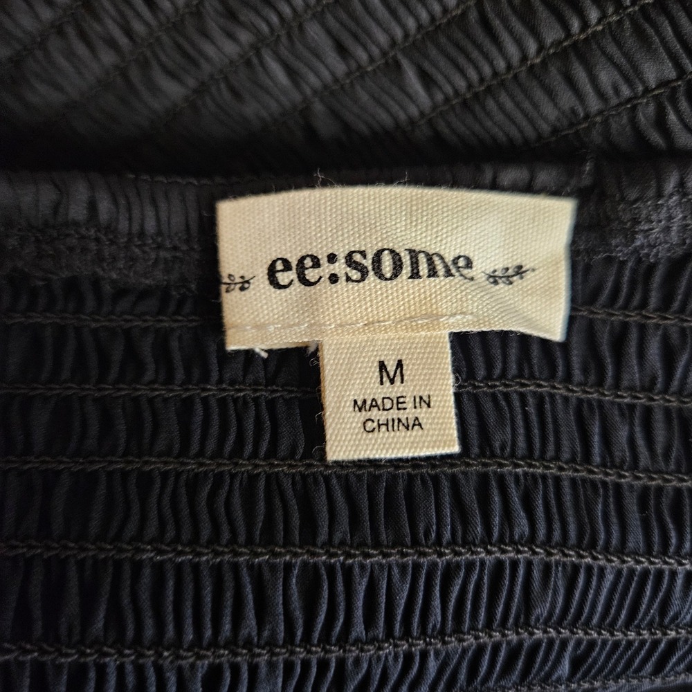 ee:some Black Sheer Balloon Sleeve Smocked Tie Back Crop Top M - Picture 4 of 8